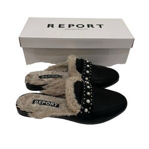 Report Zilla Black Faux Leather Fur Lined Studded Pointed Toe Slip On Mules 6.5